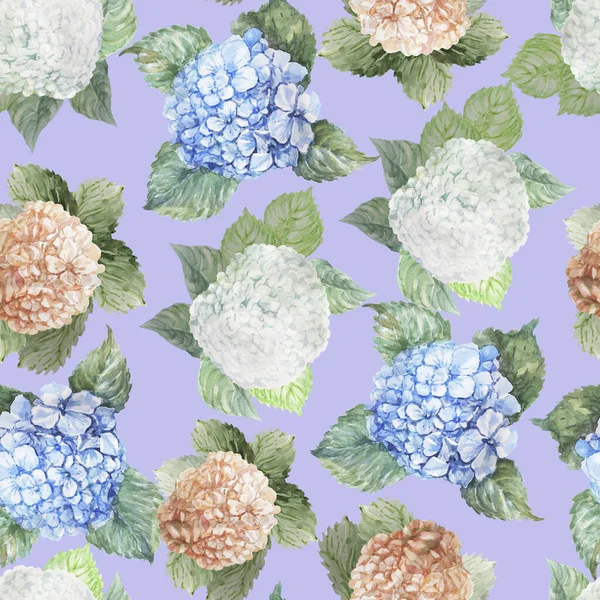 Hortenzie Bílá Růžová Modrá Květy Vzor Bezešvé Akvarel Tisk Textil — Stock fotografie
