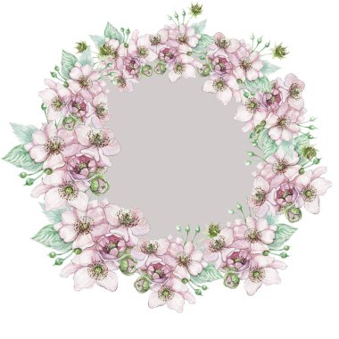 Böğürtlen dalındaki çiçekler çiçek yaprakları bitki buketi bahar bitkisi suluboya el yapımı dikişsiz baskı tekstil çerçeve sınırı