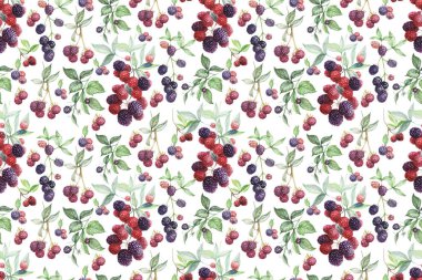 Böğürtlen desensiz, sulu boya, el yapımı, tekstil meyvesi yaprakları. Bahar mevsimi, reçel suyu, vejetaryenlik. Duvar kağıdı etiketleri için doğal.