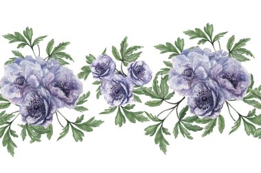 Deniz şakayıklarıyla kusursuz desen. El yapımı suluboya çizimi. Mor, mavi, mavi ve yeşil yapraklar. Parmak izi, tekstil, kağıt, arka plan. Bahar, yaz kompozisyonu. Çiçek açan bahçe..