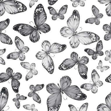 Kelebekler kusursuz desen. El yapımı suluboya çizimi. Vahşi yaşam böcekleri, orman, park. Klasik, eski tarz, eskiz. Yazdır, tekstil.