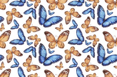 Kelebekler kusursuz desen. El yapımı suluboya çizimi. Vahşi yaşam böcekleri, orman, park. Klasik, eski tarz, eskiz. Yazdır, tekstil.