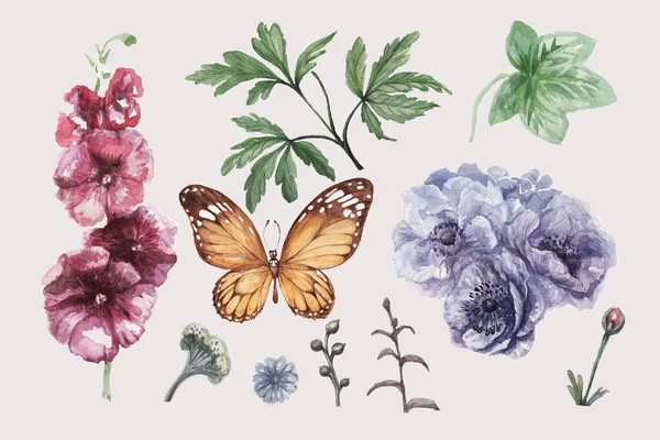 Бесшовный Рисунок Анемонами Зефиром Цветами Бабочки Ручная Акварельная Иллюстрация Фиолетовый — стоковое фото