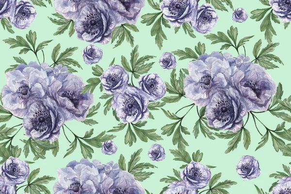 Seamless pattern with anemones. Hand-drawn watercolor illustration. Violet, blue, blue flowers and green leaves. Print, textile, paper, background. Spring, summer composition. Flowering garden.