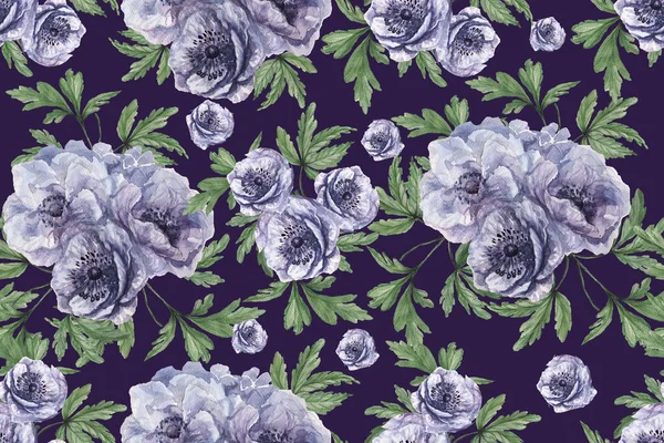 Seamless pattern with anemones. Hand-drawn watercolor illustration. Violet, blue, blue flowers and green leaves. Print, textile, paper, background. Spring, summer composition. Flowering garden.