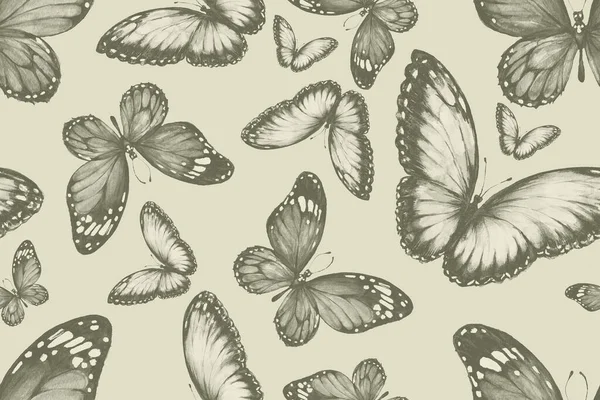 Butterflies Seamless pattern. Hand-drawn watercolor illustration. Wildlife insects, forest, park. Vintage, retro style, sketch. Print, textile.