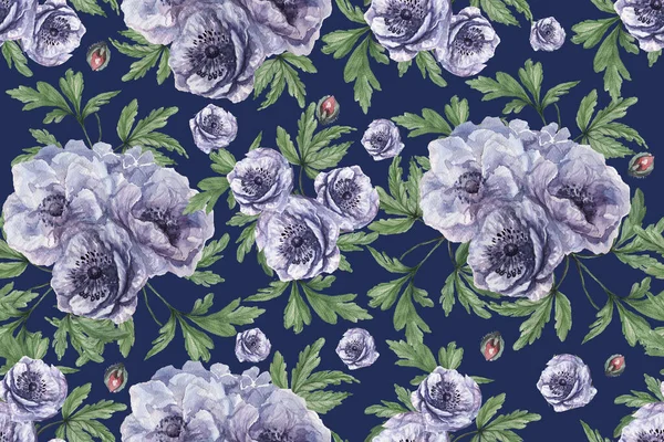 Seamless pattern with anemones. Hand-drawn watercolor illustration. Violet, blue, blue flowers and green leaves. Print, textile, paper, background. Spring, summer composition. Flowering garden.