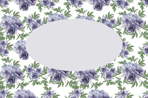 框架是卵形的 无缝图案 有海葵 手绘水彩画 紫罗兰 蓝色的花和绿色的叶子 纺织品 春夏作曲花圃 — 图库照片