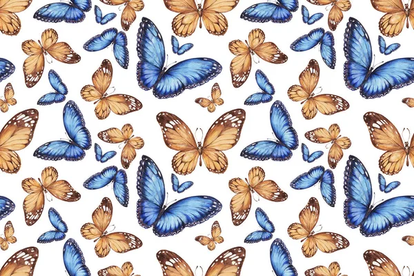 Kelebekler kusursuz desen. El yapımı suluboya çizimi. Vahşi yaşam böcekleri, orman, park. Klasik, eski tarz, eskiz. Yazdır, tekstil.