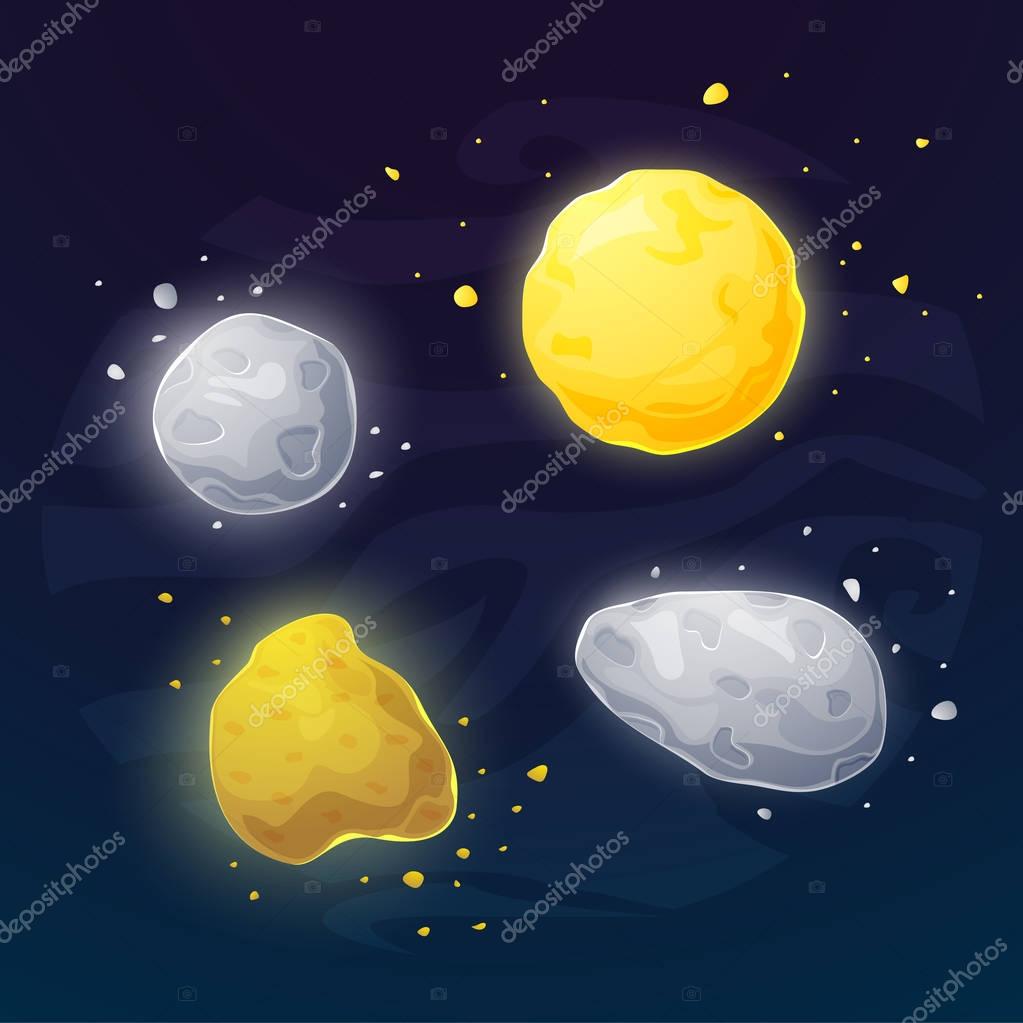 Set of different space asteroids icons, vector illustartion in cartoon style