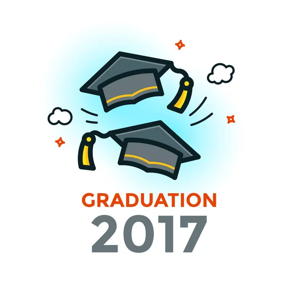 Graduation caps thrown in air with inscription — Stock Vector