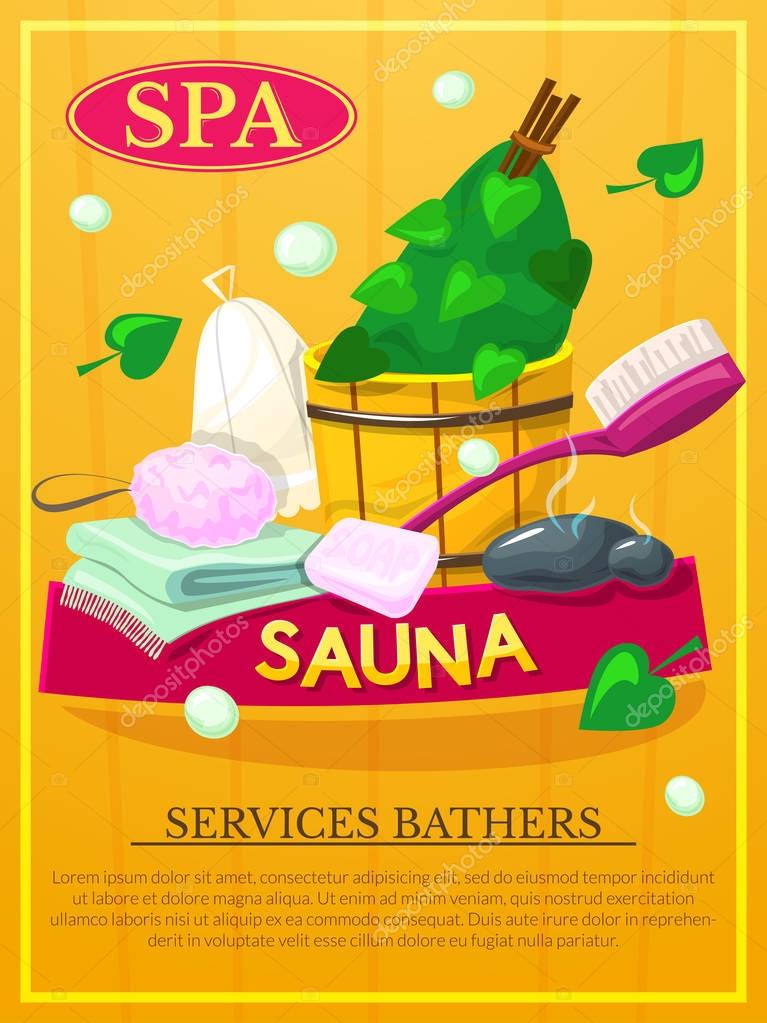 Sauna poster with spa services bathers advertising, vector illustration