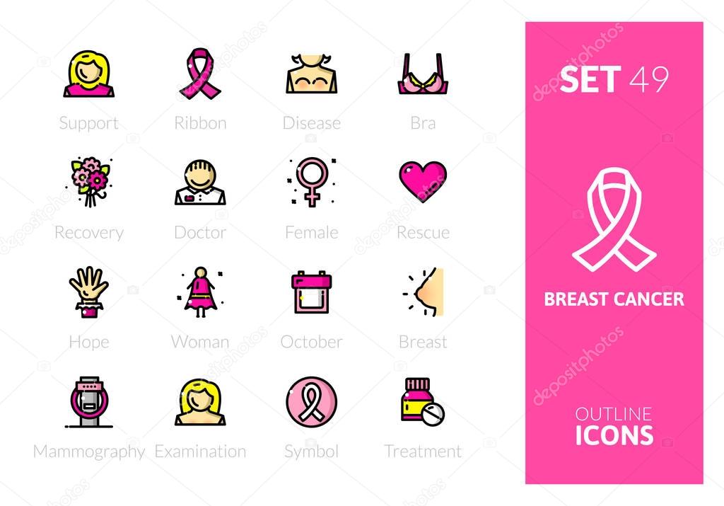 Outline color icons set in thin modern design style, flat line stroke vector symbols - breast cancer collection