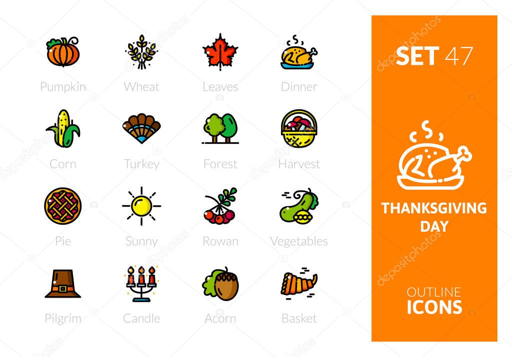 Outline color icons set in thin modern design style, flat line stroke vector symbols - thanksgiving collection