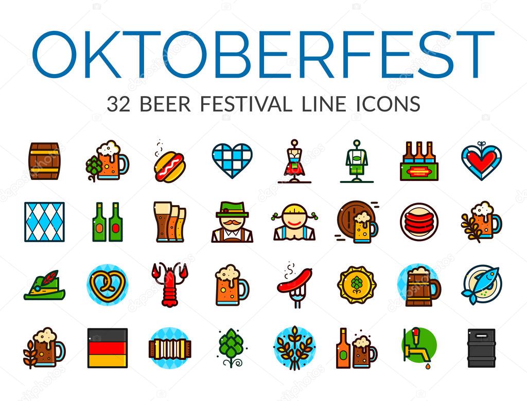 Set of German Beer Festival icons in line art style, Oktoberfest vector illustration