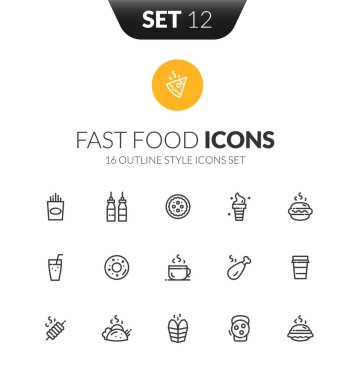 İnce modern tasarım tarzında özet siyah simgeler, düz çizgi çizgisi çizme vektör sembolleri - fast food koleksiyonu