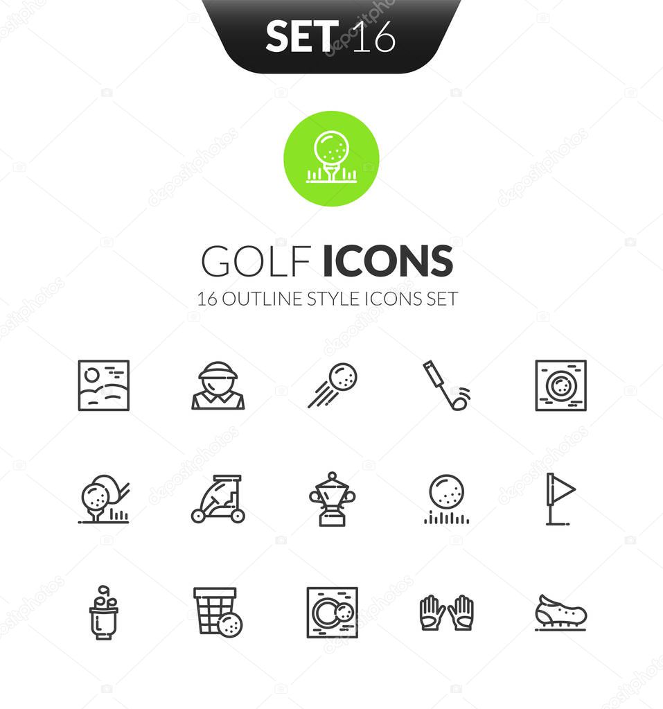 Outline black icons set in thin modern design style, flat line stroke vector symbols - golf collection