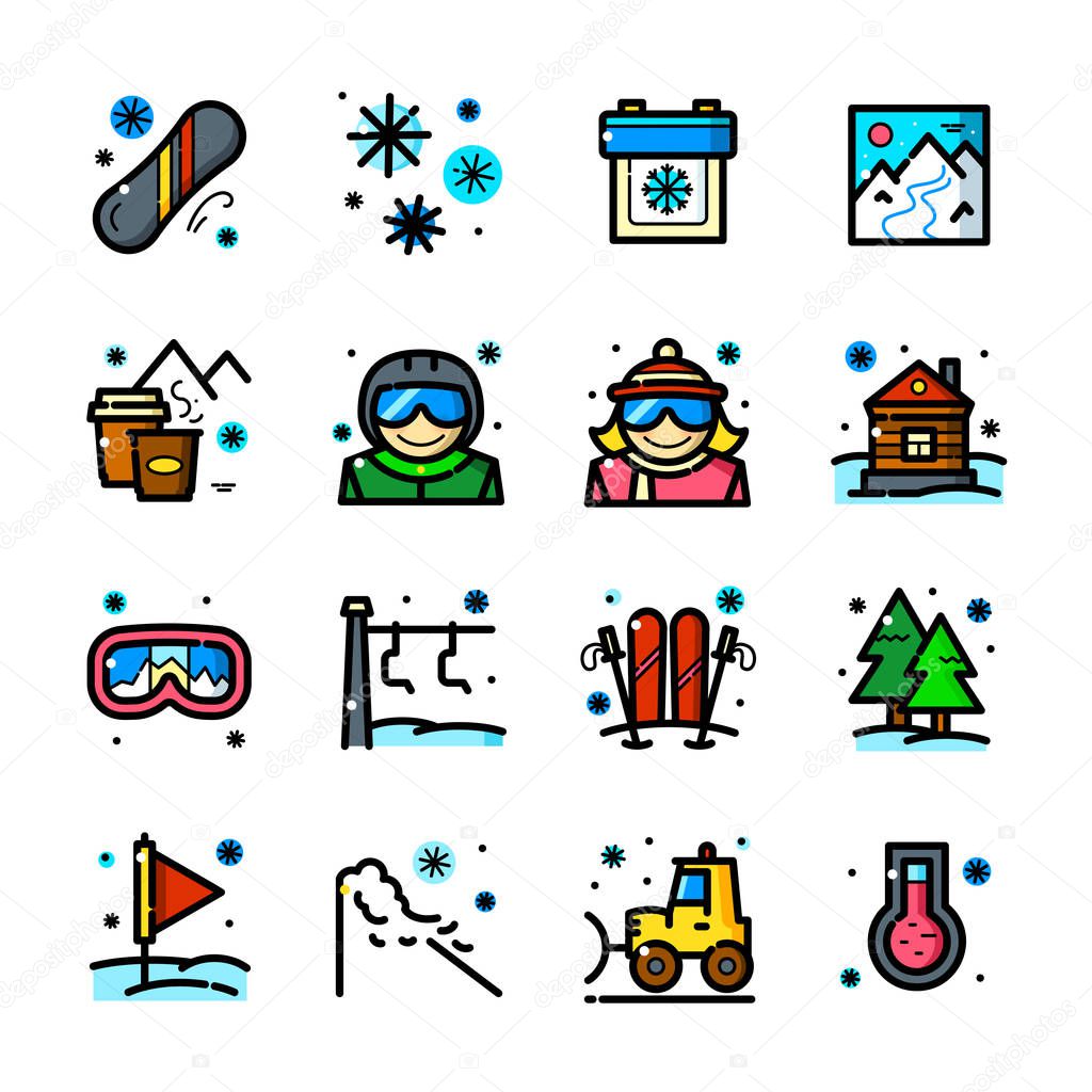 Thin line art Snowboarding and Skiing icons set, Active outdoor recreation outline logos vector illustration