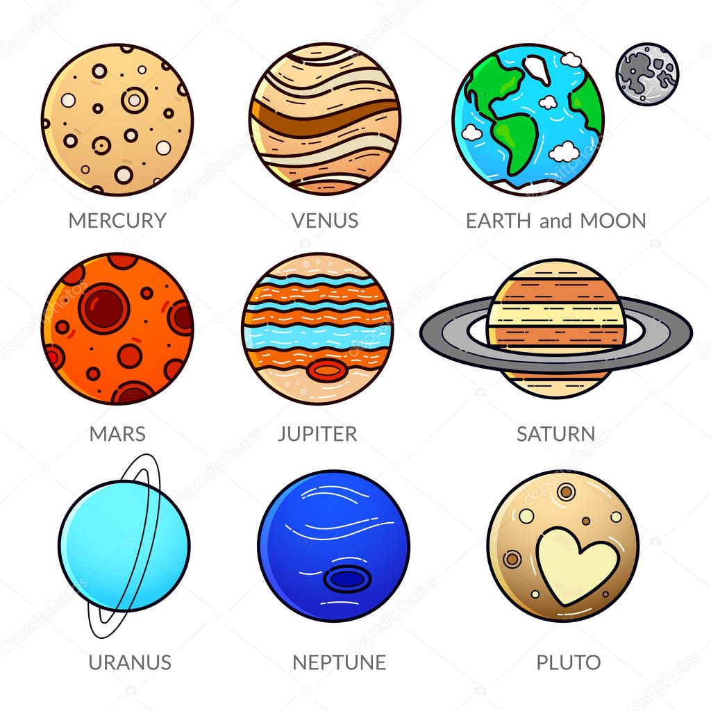 Icons planet of solar system, line art vector illustration