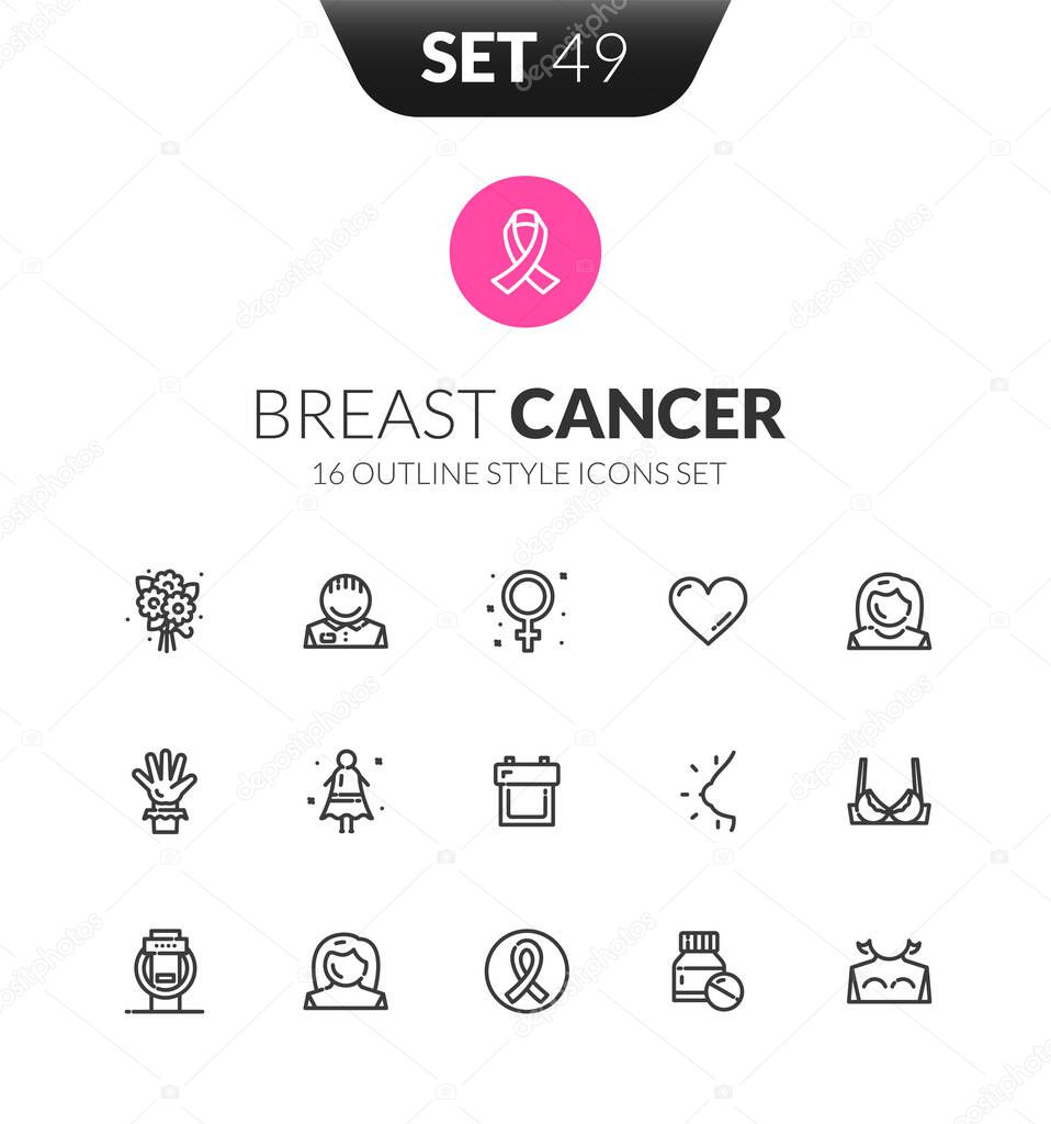 Outline black icons set in thin modern design style, flat line stroke vector symbols - breast cancer collection