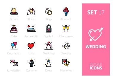 İnce modern tasarım tarzında özet renk simgeleri, düz çizgi çizgisi vektör sembolleri - düğün koleksiyonu