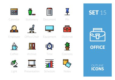 İnce modern tasarım tarzında özet renk simgeleri, düz çizgi vuruş vektör sembolleri - ofis koleksiyonu