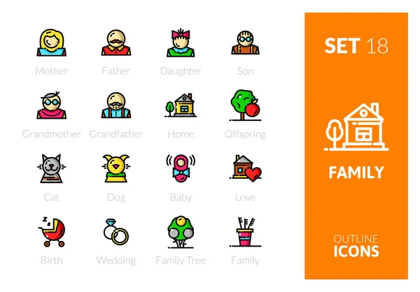 薄い現代的なデザインスタイルで設定されたアウトラインカラーアイコン フラットラインストロークベクトルシンボル ファミリーコレクション — ストックベクタ