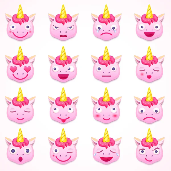 Set Von Emoji Niedlichen Rosa Einhorn Gesicht Des Charakters Mit — Stockvektor