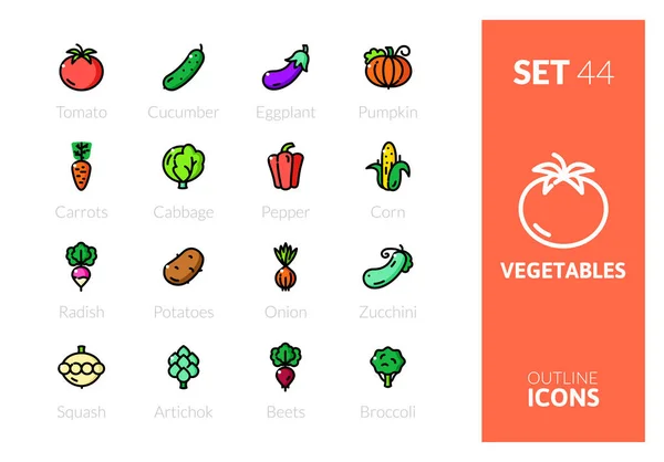 轮廓色彩图标设置在薄薄的现代设计风格 扁平线条笔画矢量符号 蔬菜收集 — 图库矢量图片