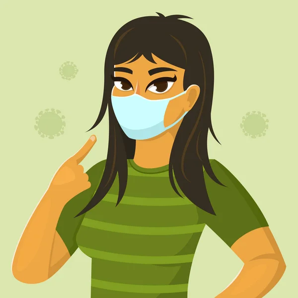 Portret Atrakcyjnej Azjatki Noszącej Maskę Chirurgiczną Wskazującą Maskę Medyczną Dającą — Wektor stockowy