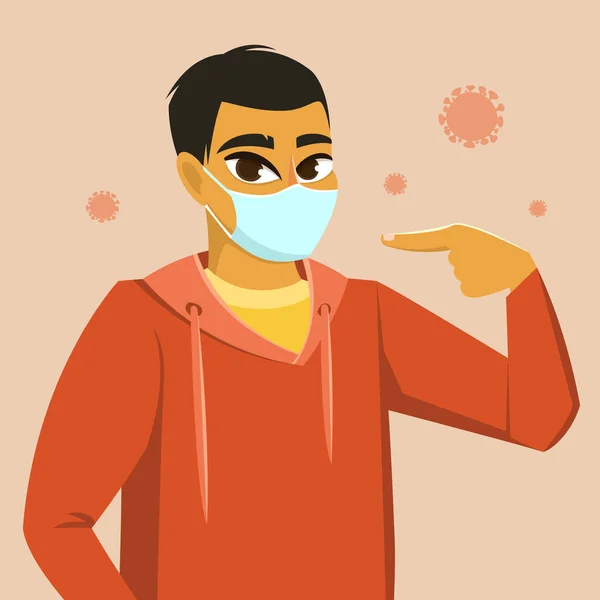 Portrait Attractive Asian Man Wearing Surgical Mask Pointing Medical Mask — Stock Vector