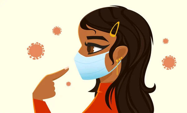 Portrait Attractive Indian Woman Wearing Medical Surgical Mask Pointing Medical — Stock Vector