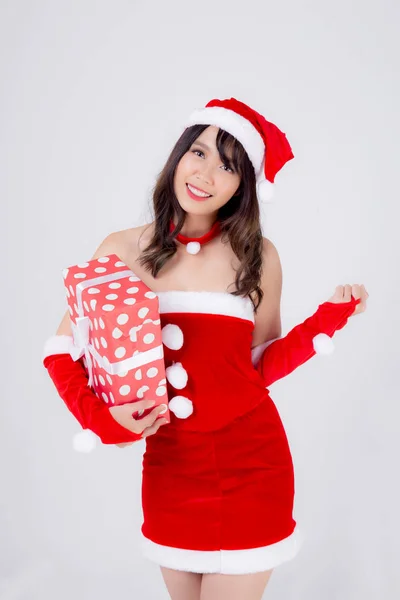 Beautiful portrait young asian woman happy holding red gift box — ストック写真