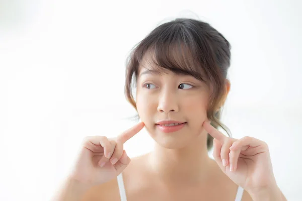 Portrait beautiful asian woman makeup of cosmetic, girl hand tou — Stock Photo, Image