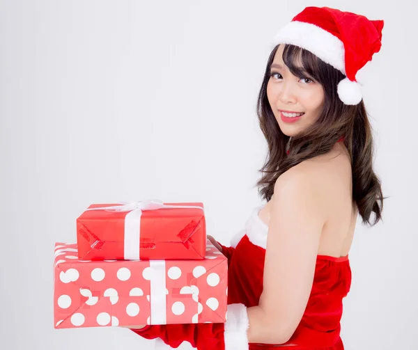 Beautiful portrait young asian woman happy holding lot of gift b — Stock Photo, Image