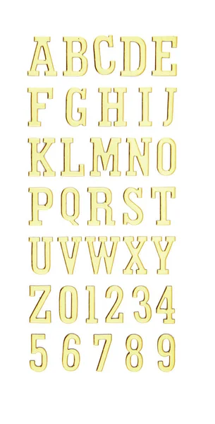 Full gold font english alphabet and number set isolated on white — Stock Photo, Image