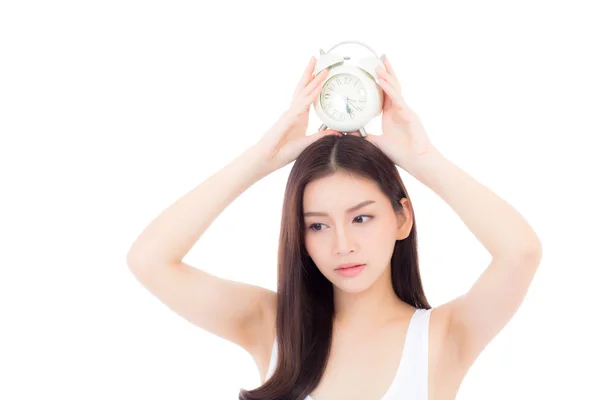 Hermosa asiática joven sosteniendo reloj despertador, Retrato de wom —  Fotos de Stock