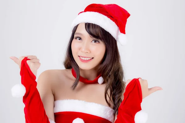 Schöne Porträt junge asiatische Frau Weihnachtsmann Kostüm tragen Hut lächeln — Stockfoto