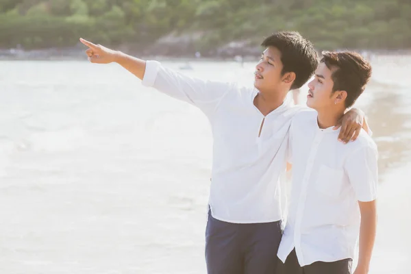 Portrait homosexuel jeune asiatique couple debout pointant somethi — Photo