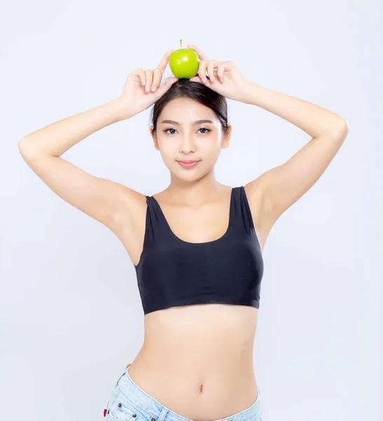 Beau portrait asiatique femme souriante tenant vert pomme fruit — Photo