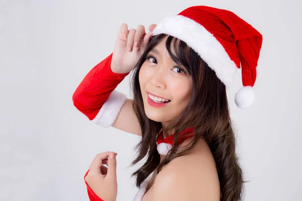 Bonito retrato jovem asiático mulher Santa traje desgaste chapéu smil — Fotografia de Stock