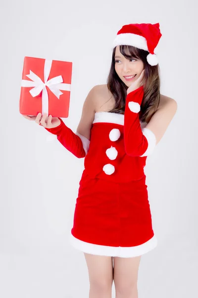 Beautiful portrait young asian woman happy holding red gift box — ストック写真