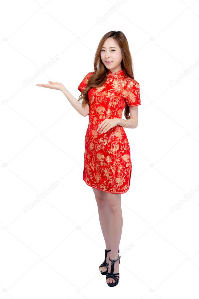 Beautiful portrait happy Chinese New Year young asian woman chee