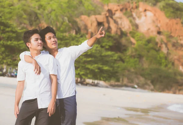 Homoseksueel portret jong aziatisch paar staande wijzend iets — Stockfoto
