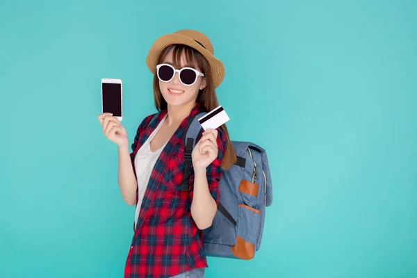 Retrato bonito jovem asiático mulher desgaste viagem verão moda — Fotografia de Stock