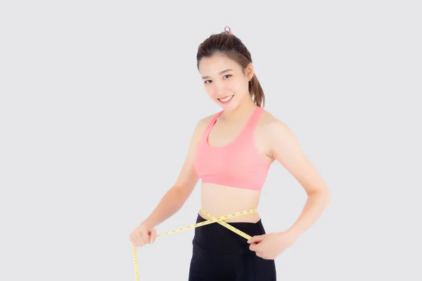 Hermosa delgado joven asiático mujer medición cinta delgada cintura desgaste —  Fotos de Stock