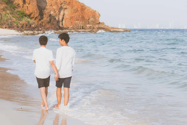 Volver ver homosexual retrato joven asiático pareja caminando con ch —  Fotos de Stock