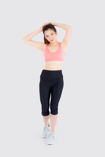 Hermoso Retrato Joven Mujer Asiática Pie Ejercicio Estiramiento Brazo Muscular —  Fotos de Stock