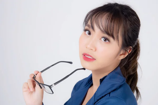 Piękny Portret Młody Azji Biznes Kobieta Noszenie Okulary Wyrażenie Myślenie — Zdjęcie stockowe