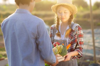 Beautiful young asian woman and man holding fresh organic vegetable with basket together in the hydroponic farm, harvest and agriculture and cultivation for healthy food and business concept.